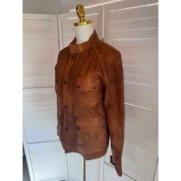 Lucky Brand Leather Utility Jacket Womens Cognac Brown Distressed Field S - Picture 4 of 9